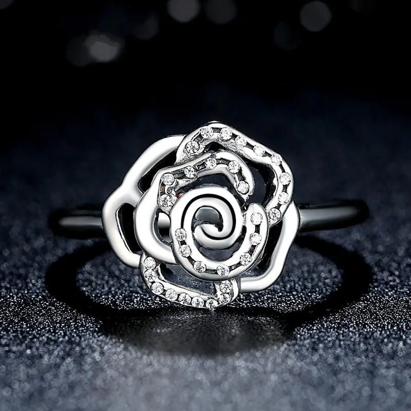 Shimmering Delicate Rose Flower Ring with Clear CZ Ring Original 100% 925 Sterling Silver Jewelry