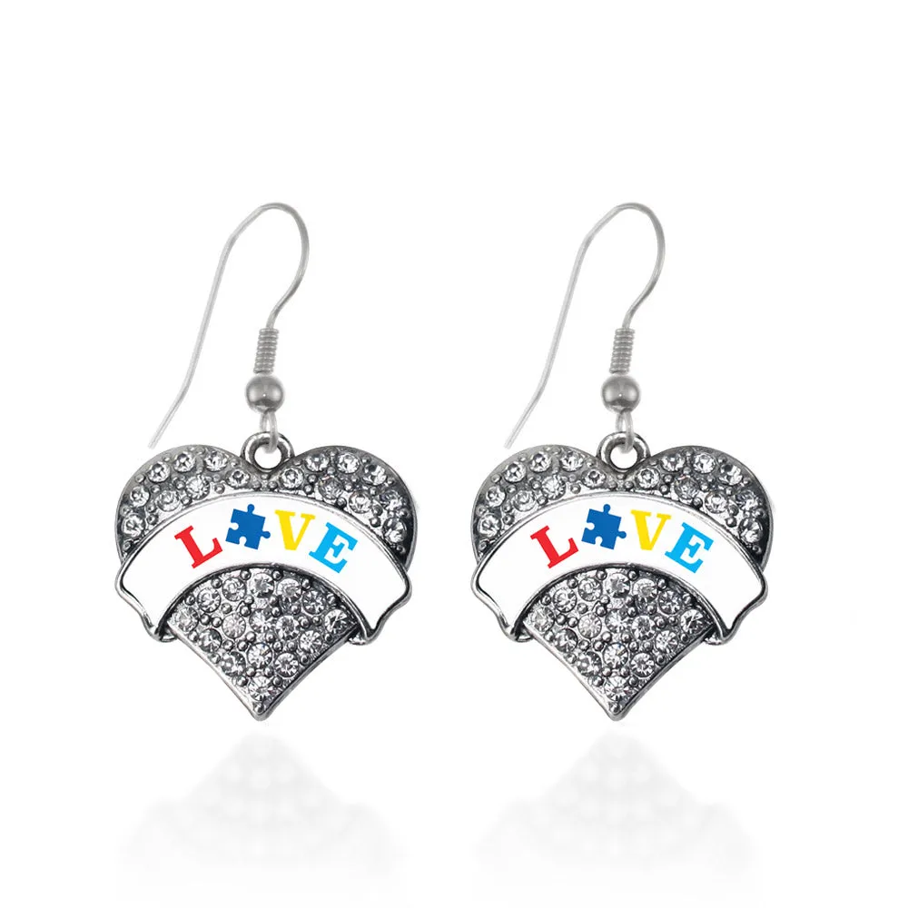 Silver Autism Love Pave Heart Charm Dangle Earrings