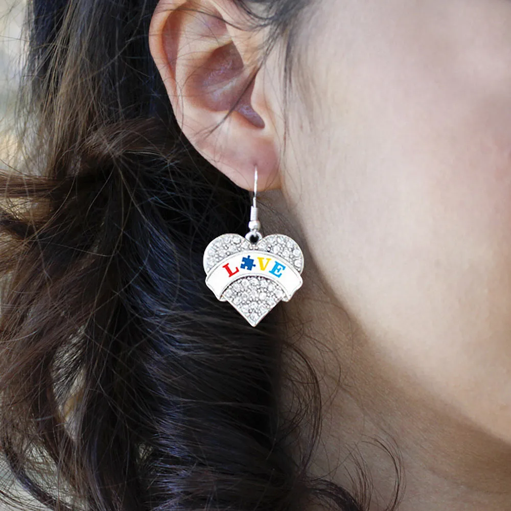 Silver Autism Love Pave Heart Charm Dangle Earrings