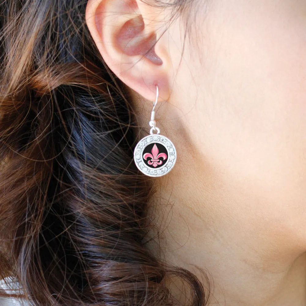 Silver Fleur De Lis Circle Charm Dangle Earrings