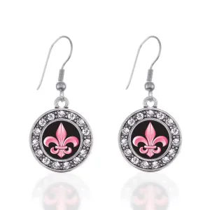 Silver Fleur De Lis Circle Charm Dangle Earrings