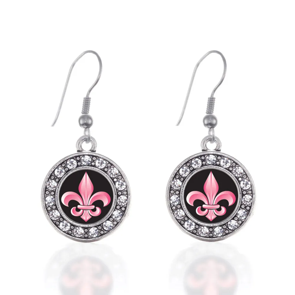 Silver Fleur De Lis Circle Charm Dangle Earrings