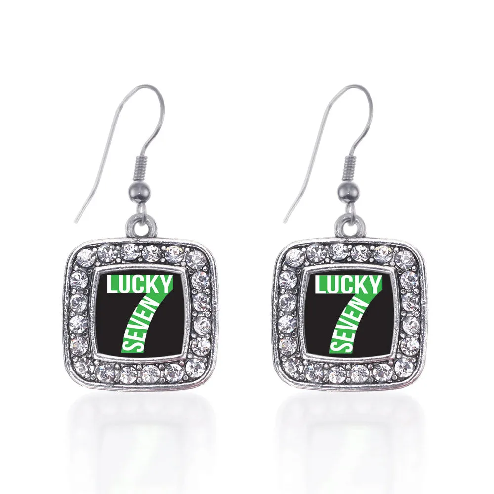 Silver Lucky Seven Square Charm Dangle Earrings