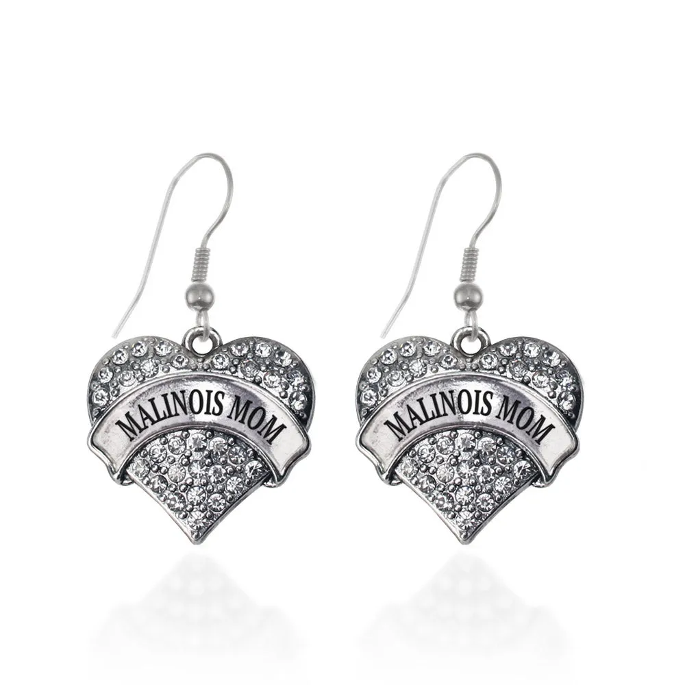 Silver Malinois Mom Pave Heart Charm Dangle Earrings