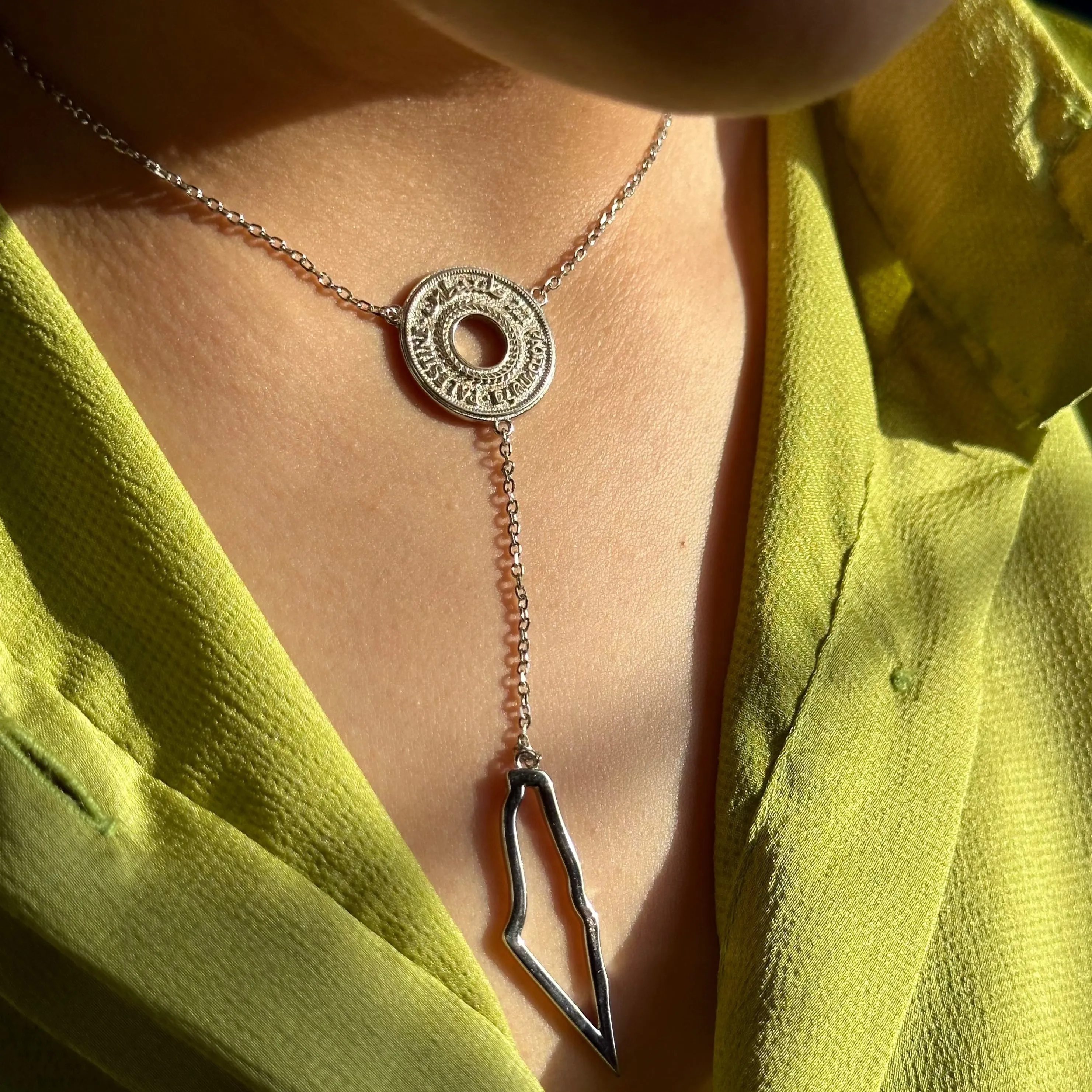 Silver Palestine Coin With Map Necklace  سنسال عملة وخريطة فلسطين