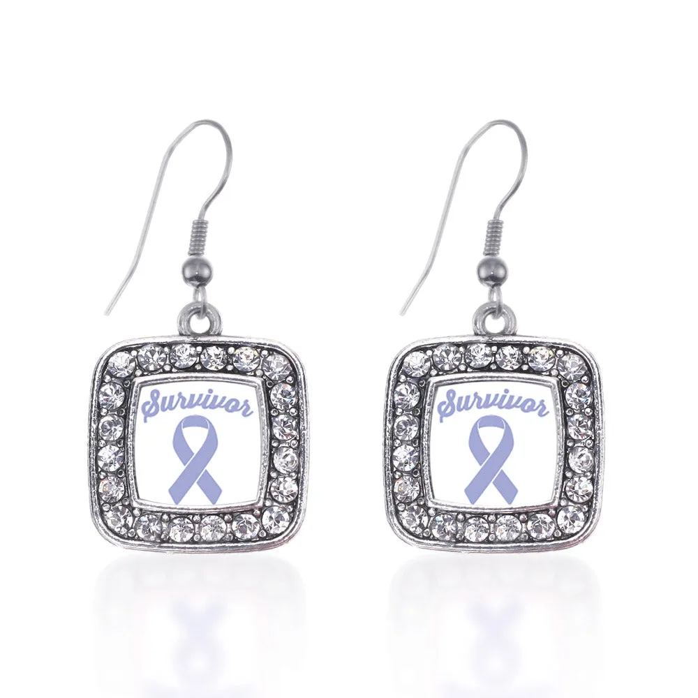 Silver Periwinkle Ribbon Survivor Square Charm Dangle Earrings