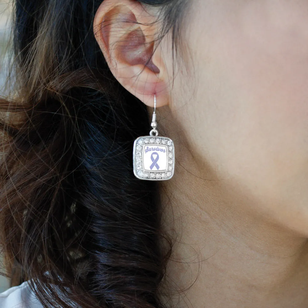 Silver Periwinkle Ribbon Survivor Square Charm Dangle Earrings