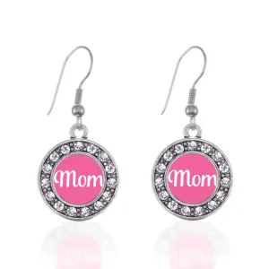 Silver Pink Mom Circle Charm Dangle Earrings