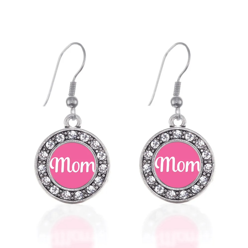 Silver Pink Mom Circle Charm Dangle Earrings