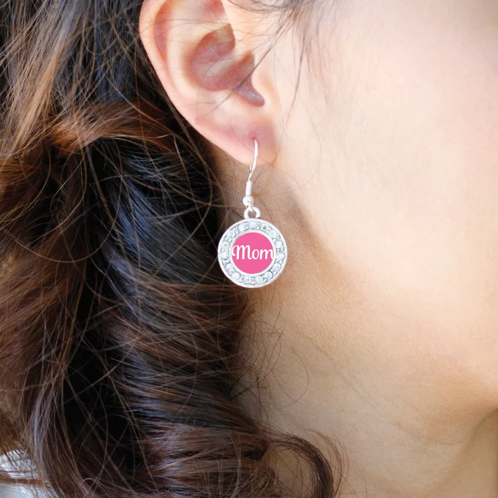 Silver Pink Mom Circle Charm Dangle Earrings