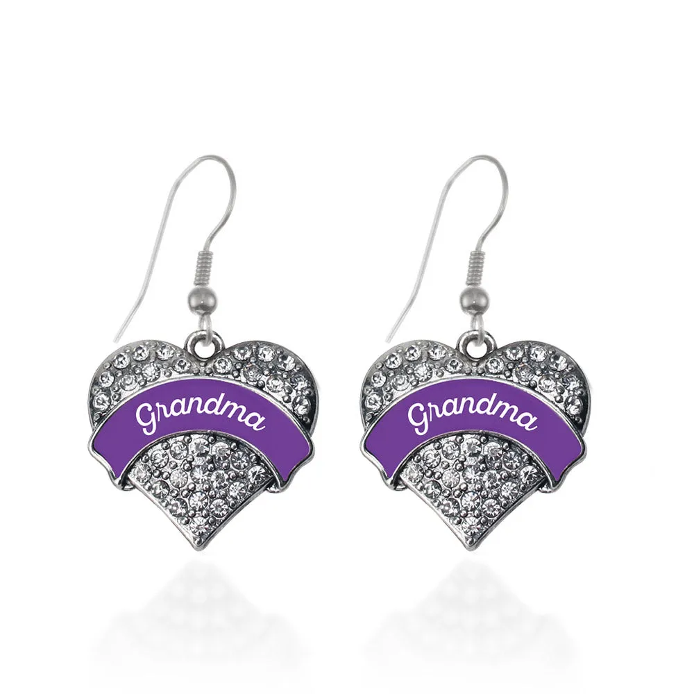 Silver Purple Grandma Pave Heart Charm Dangle Earrings