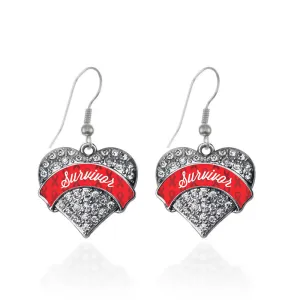 Silver Red Survivor Pave Heart Charm Dangle Earrings