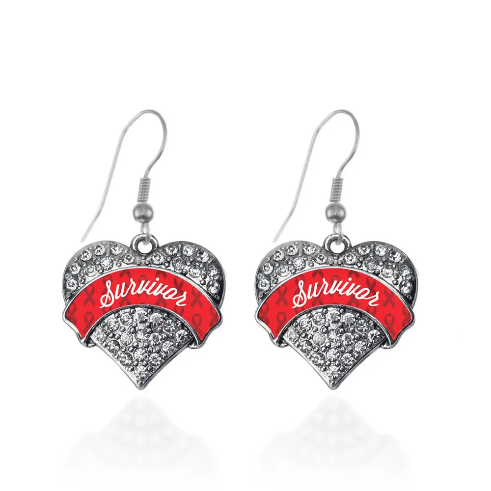 Silver Red Survivor Pave Heart Charm Dangle Earrings