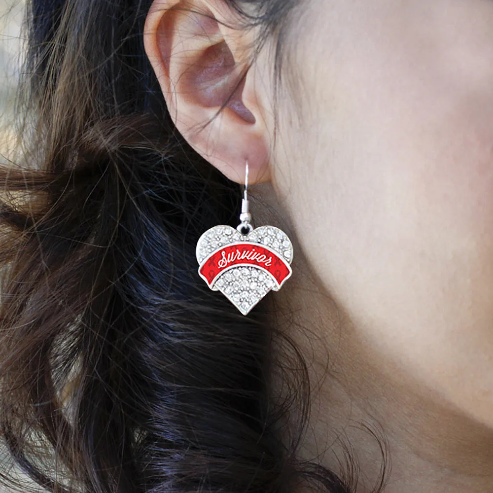 Silver Red Survivor Pave Heart Charm Dangle Earrings