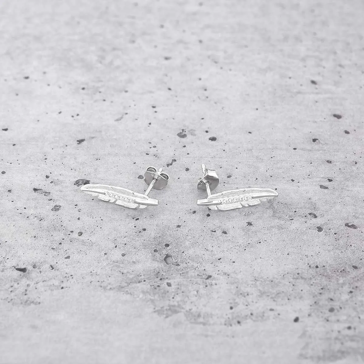 Silver Satin Feather Stud Earrings