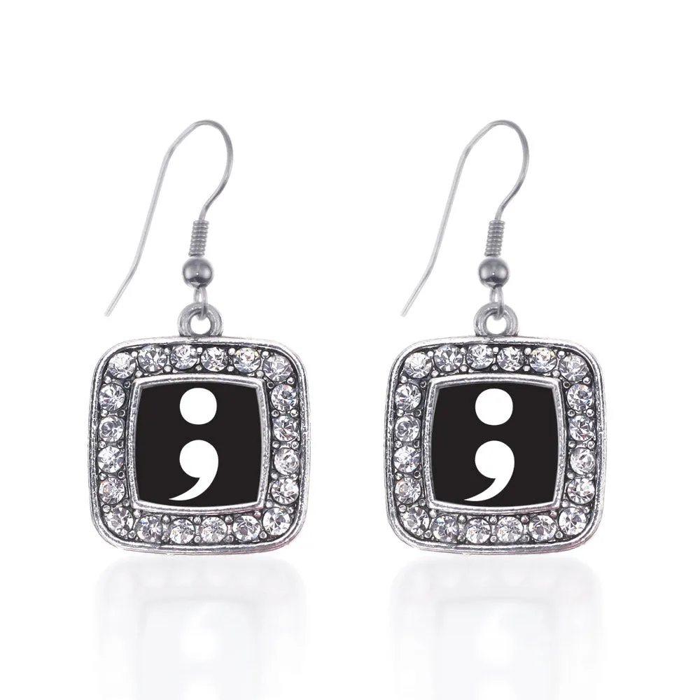 Silver Semicolon Movement Square Charm Dangle Earrings