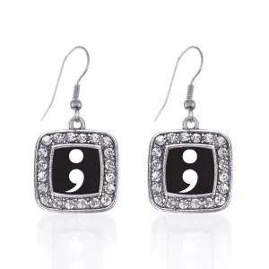 Silver Semicolon Movement Square Charm Dangle Earrings