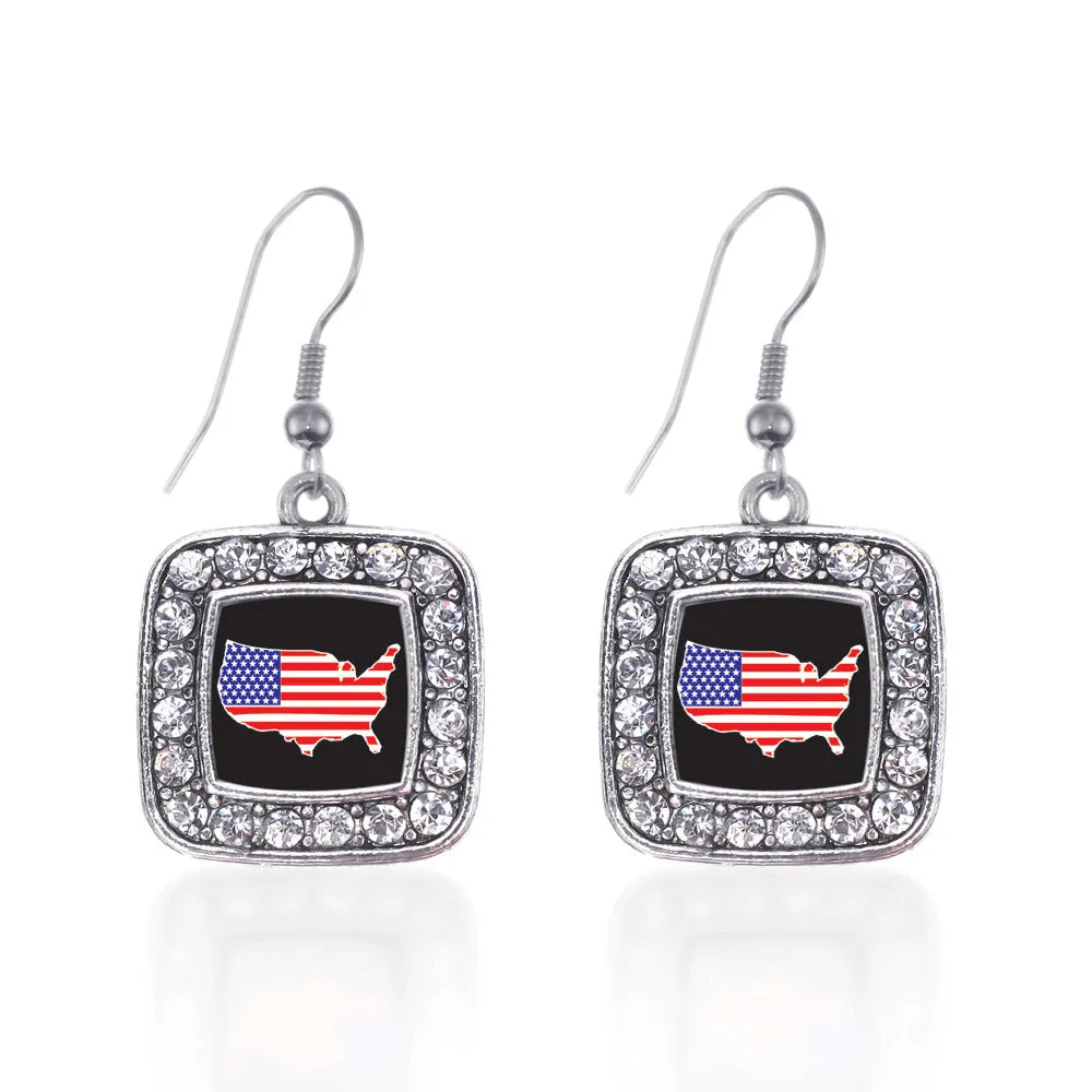 Silver USA Square Charm Dangle Earrings