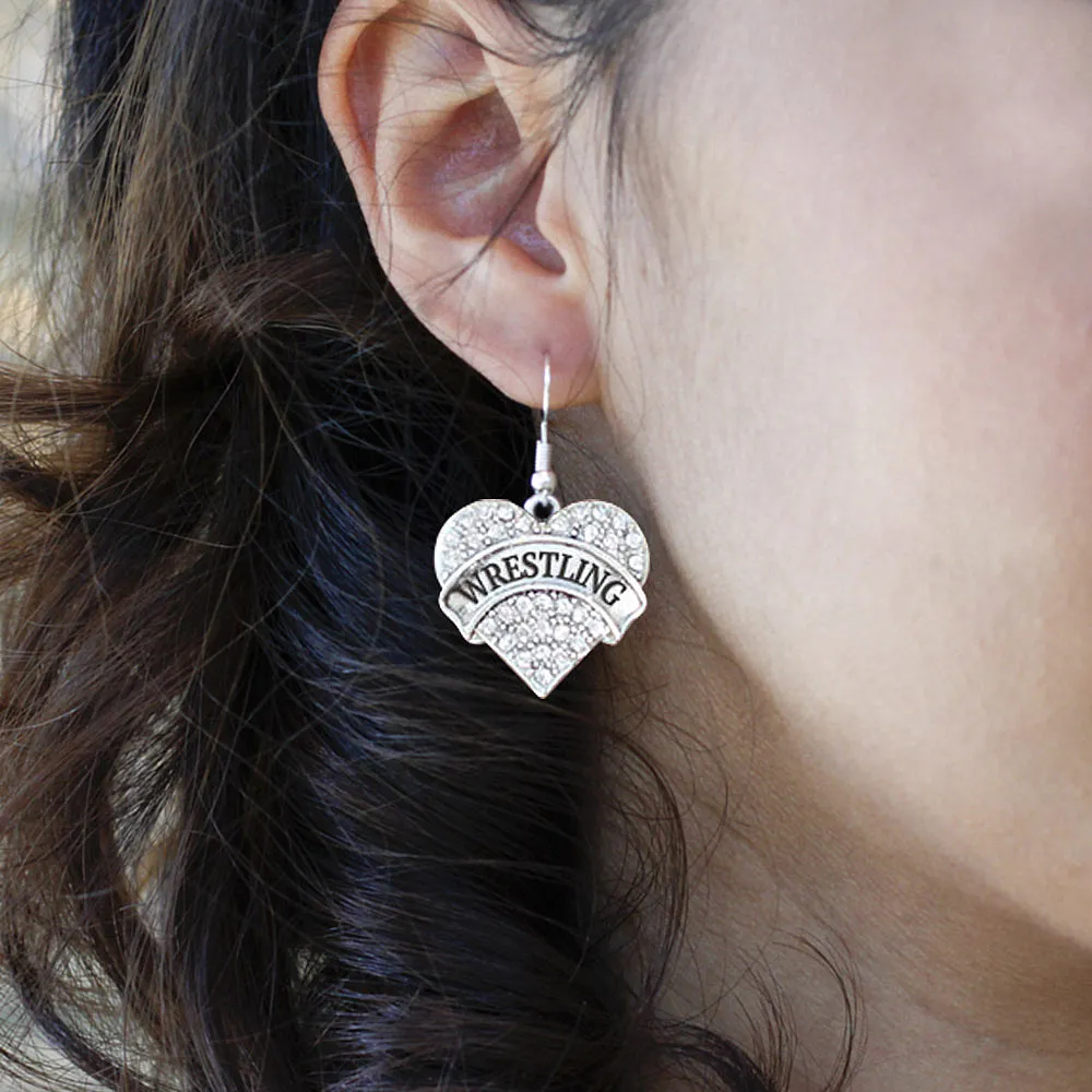 Silver Wrestling Pave Heart Charm Dangle Earrings