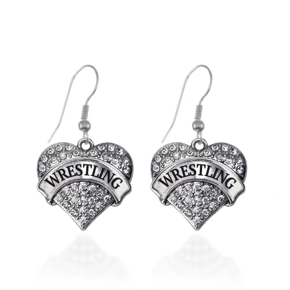 Silver Wrestling Pave Heart Charm Dangle Earrings