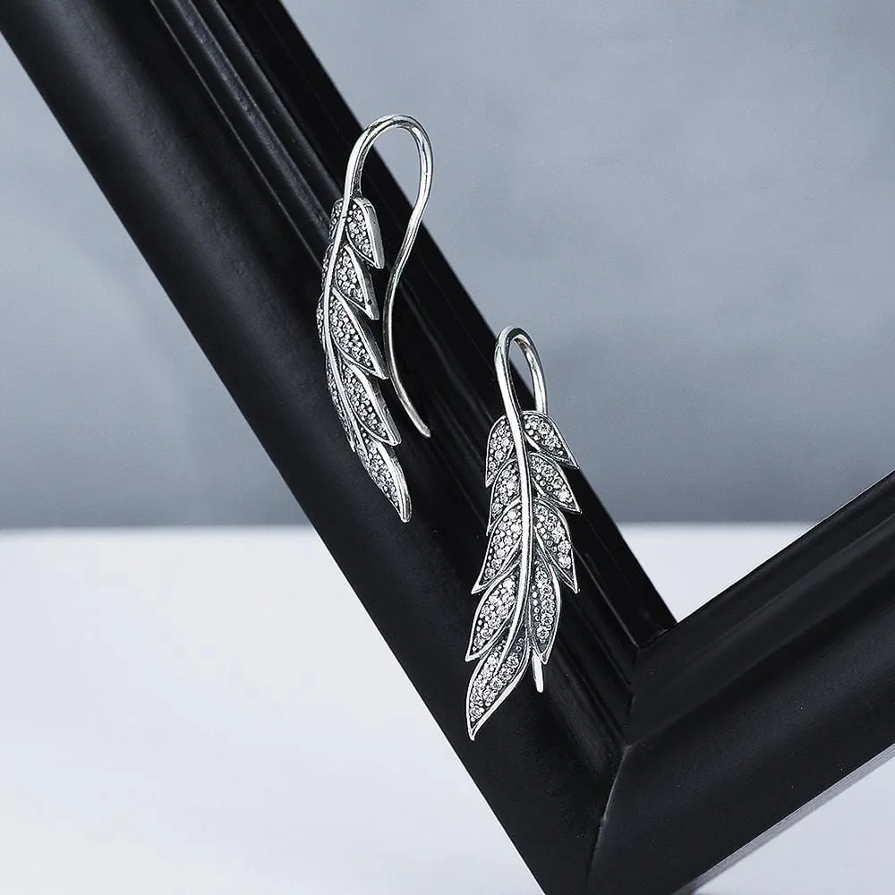 Solid 925 Sterling Silver Vintage Angel Feather Drop Earrings