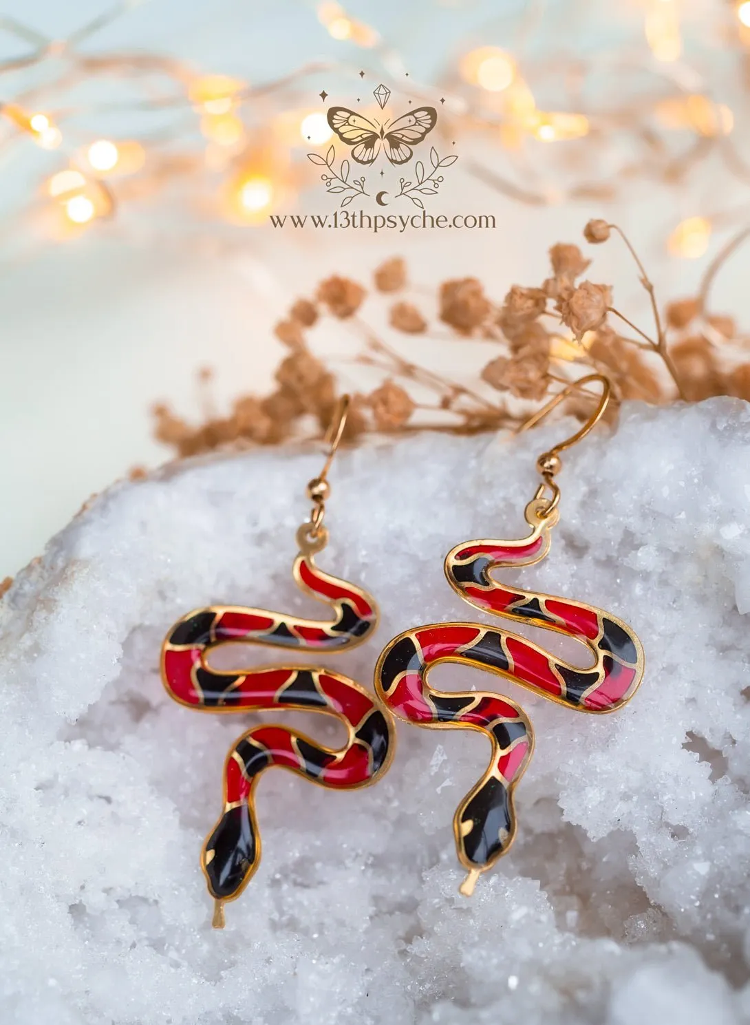 Stained glass inspired Coral Snake Earrings