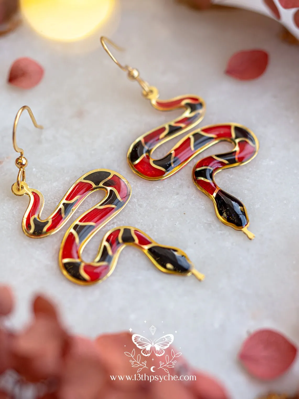 Stained glass inspired Coral Snake Earrings