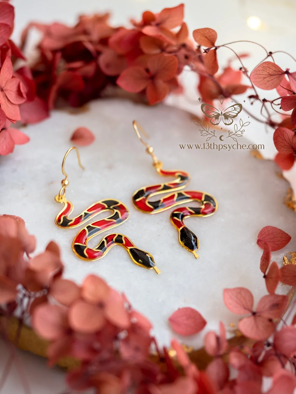 Stained glass inspired Coral Snake Earrings