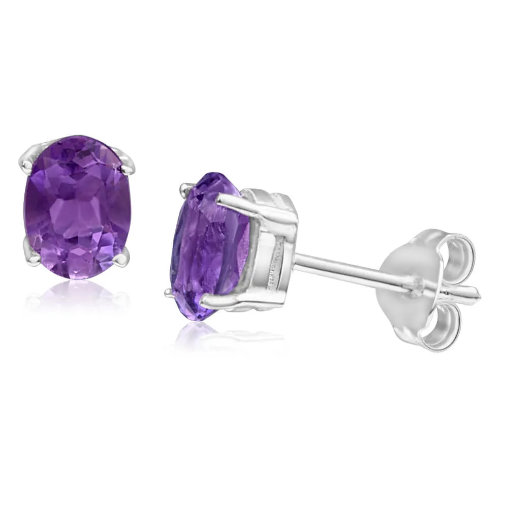 Sterling Silver Amethyst Oval Cut Stud Earrings