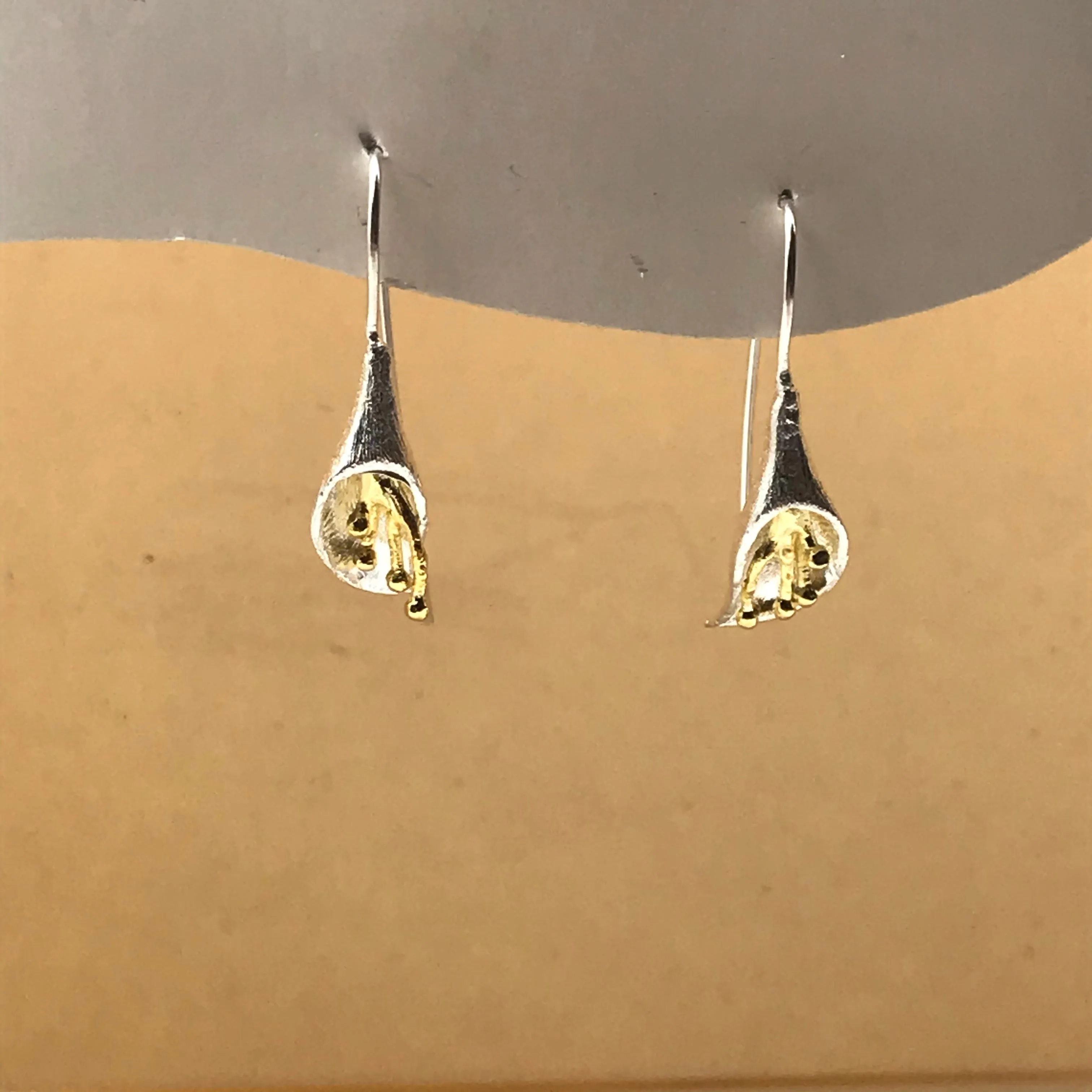 Sterling Silver Gold Vermeil 3D Flower Drop Flower 4 Gold Stamen Earrings