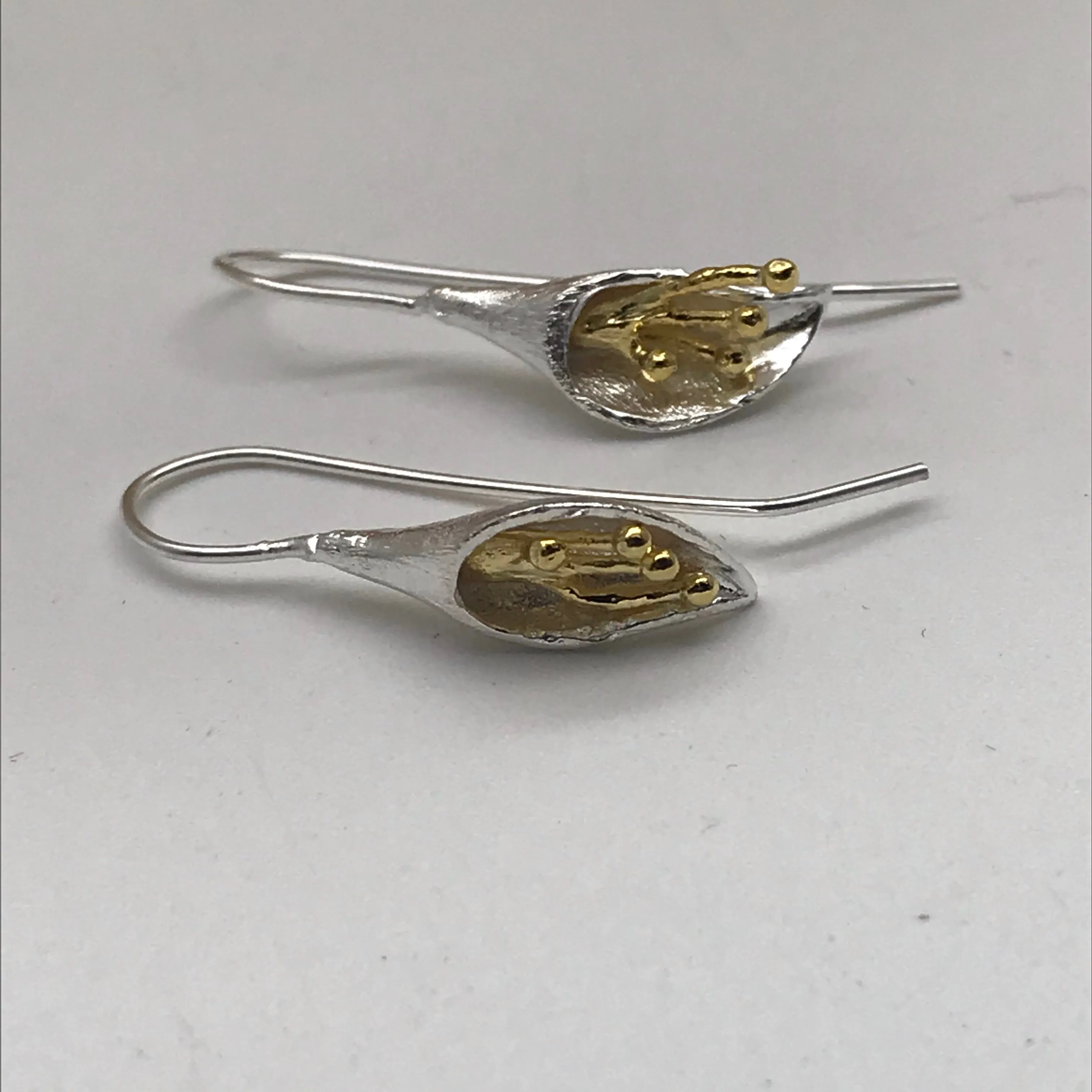 Sterling Silver Gold Vermeil 3D Flower Drop Flower 4 Gold Stamen Earrings