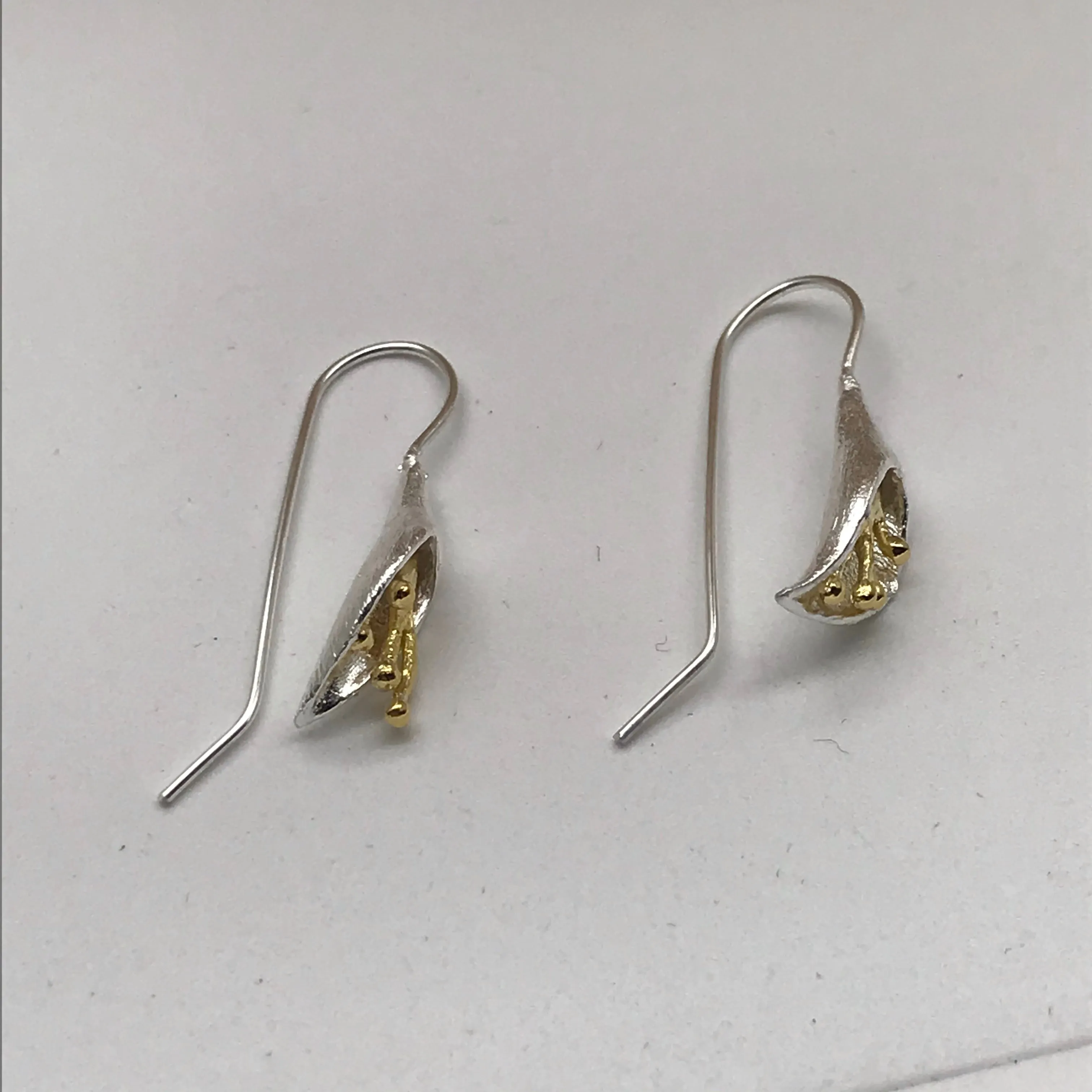 Sterling Silver Gold Vermeil 3D Flower Drop Flower 4 Gold Stamen Earrings