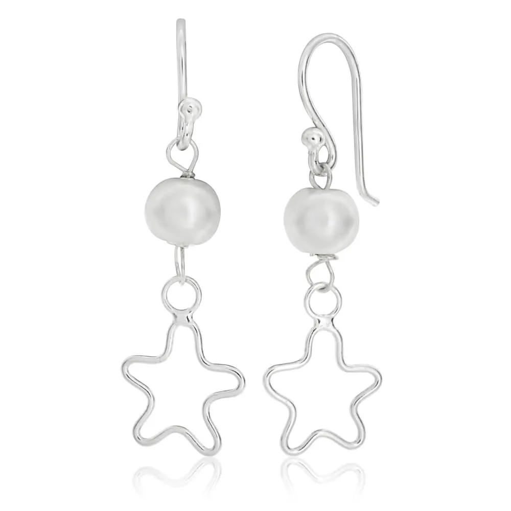 Sterling Silver Pearl Open Star Earrings