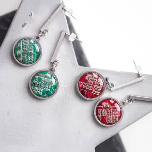 Stud earrings with 15mm round circuit board pendants, steel wires