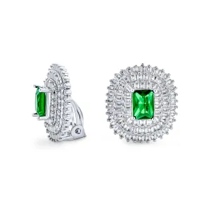 Traditional Art Deco Simulated Emerald Clip-On Earrings Silver Plated Non-Pierced