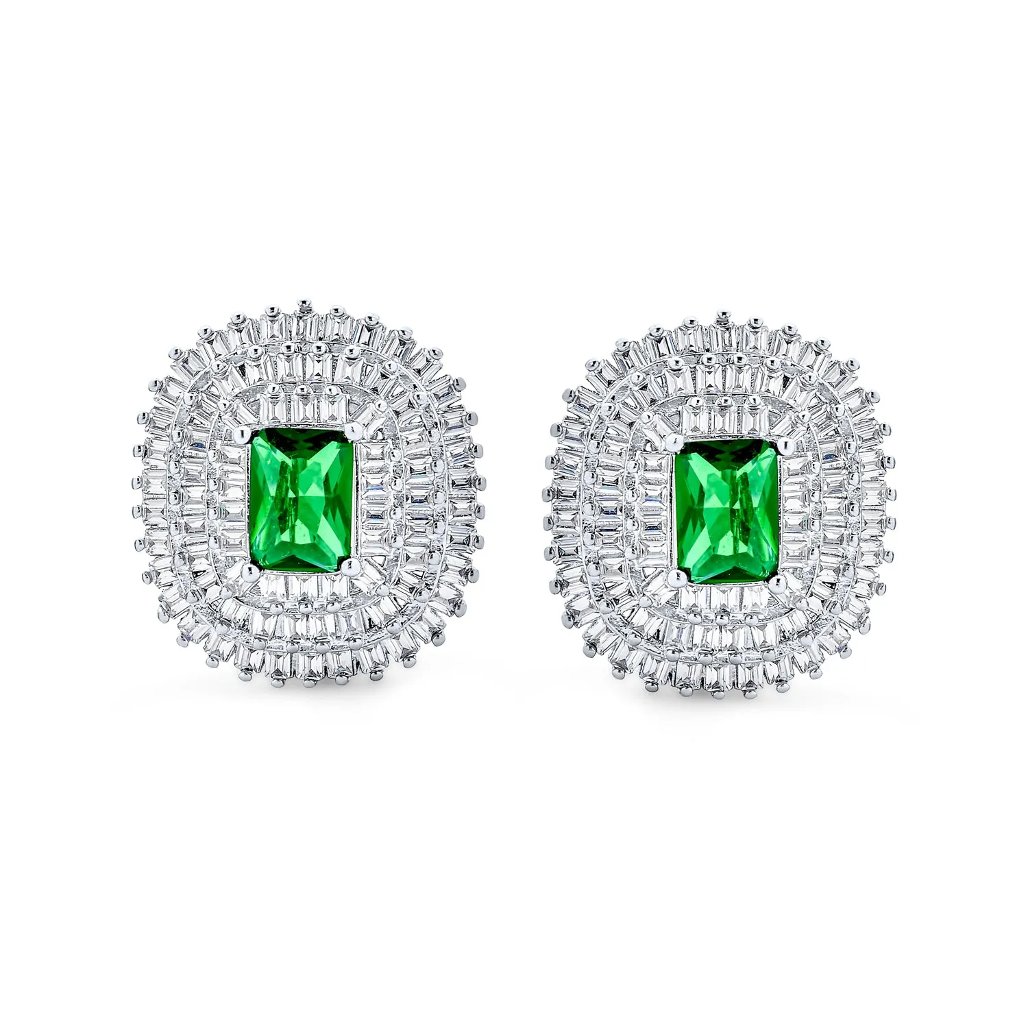 Traditional Art Deco Simulated Emerald Clip-On Earrings Silver Plated Non-Pierced