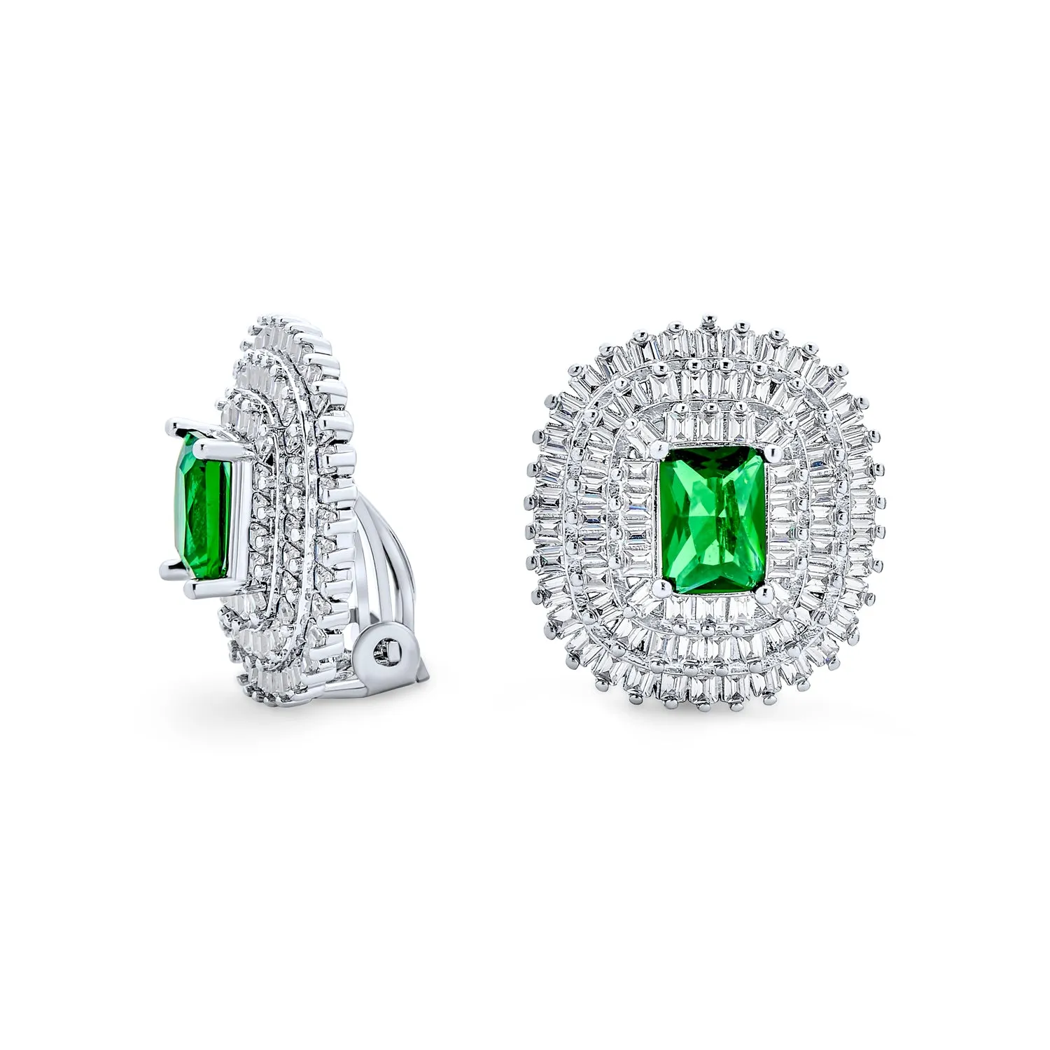 Traditional Art Deco Simulated Emerald Clip-On Earrings Silver Plated Non-Pierced