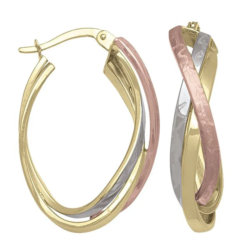 Tri-Colour Gold Fancy Hoop Earrings