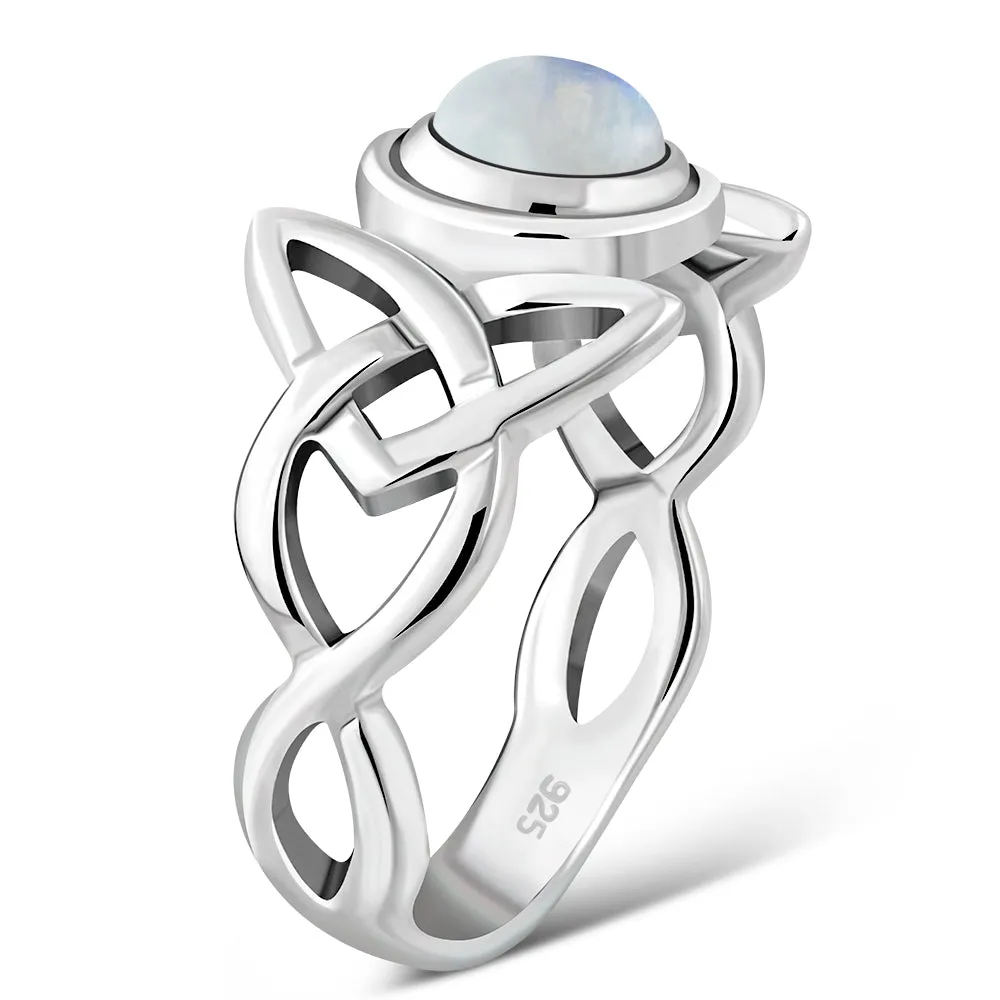 Trinity Knot Rainbow Moonstone Silver Ring