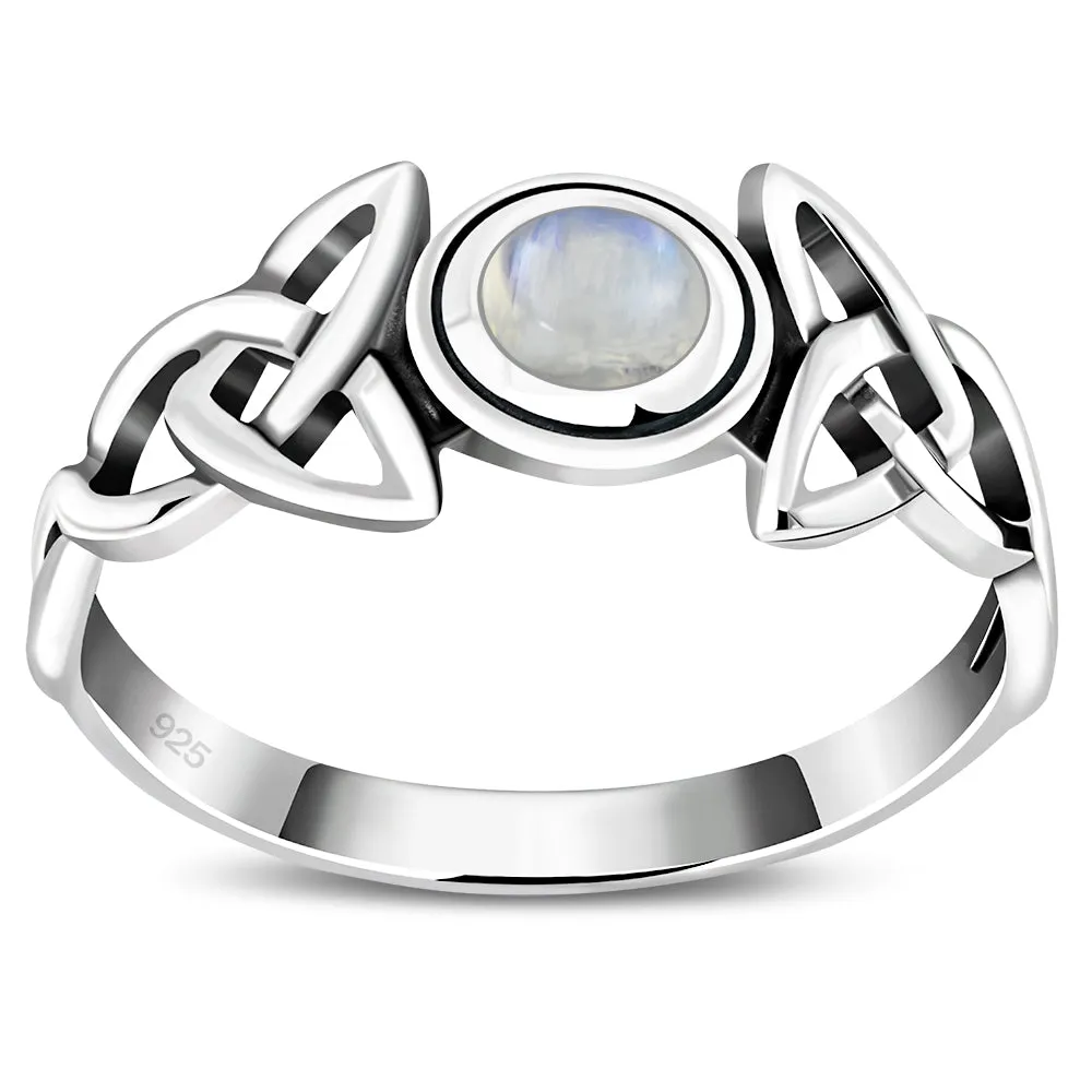 Trinity Knot Rainbow Moonstone Silver Ring