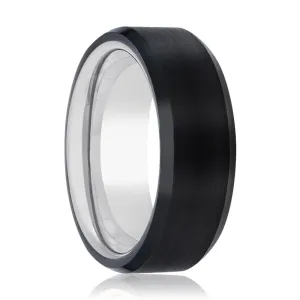 TRON | Silver Ring, Black Tungsten Ring, Brushed, Beveled