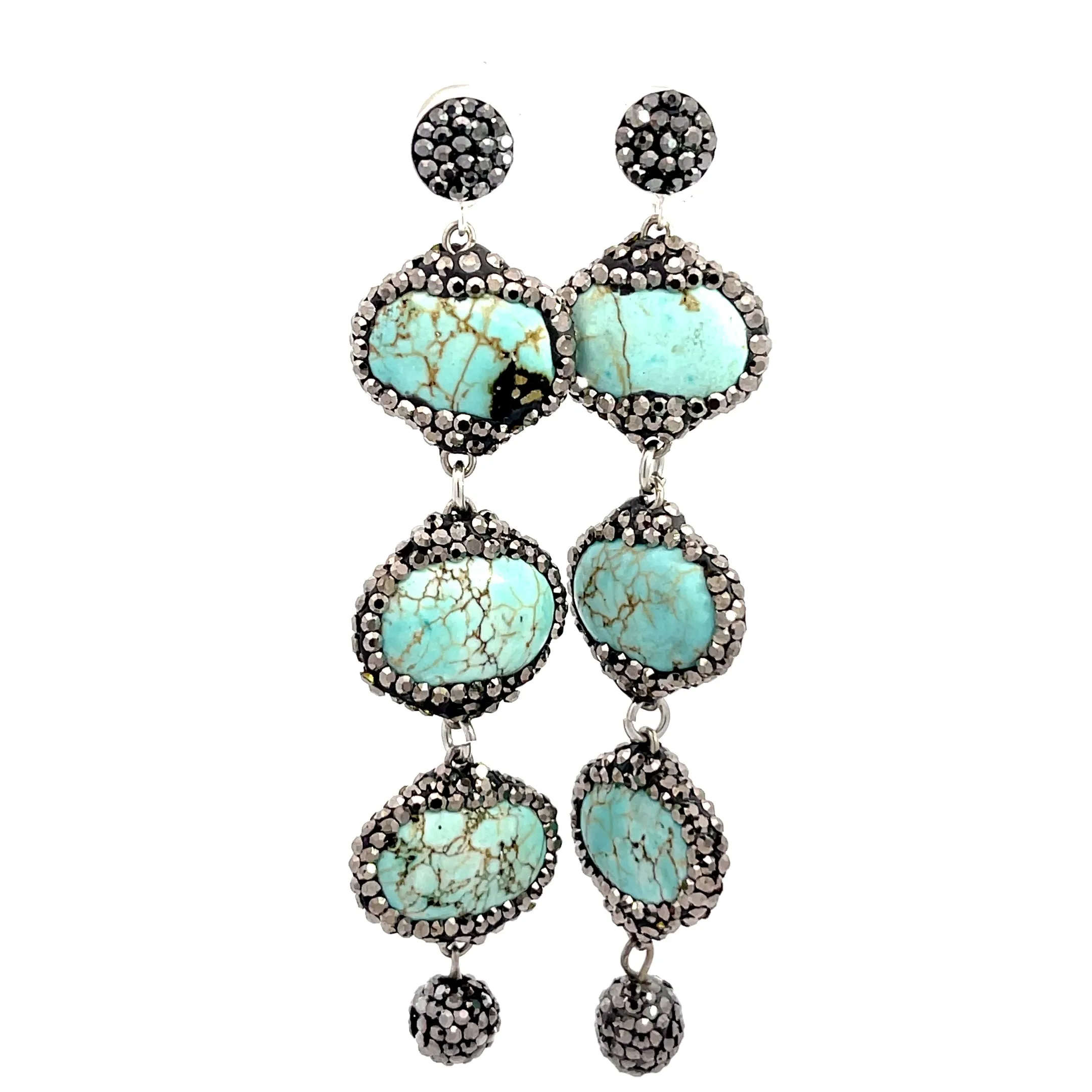 Turquoise Triple Tier Crystal 925 Sterling Silver Dangle Earring