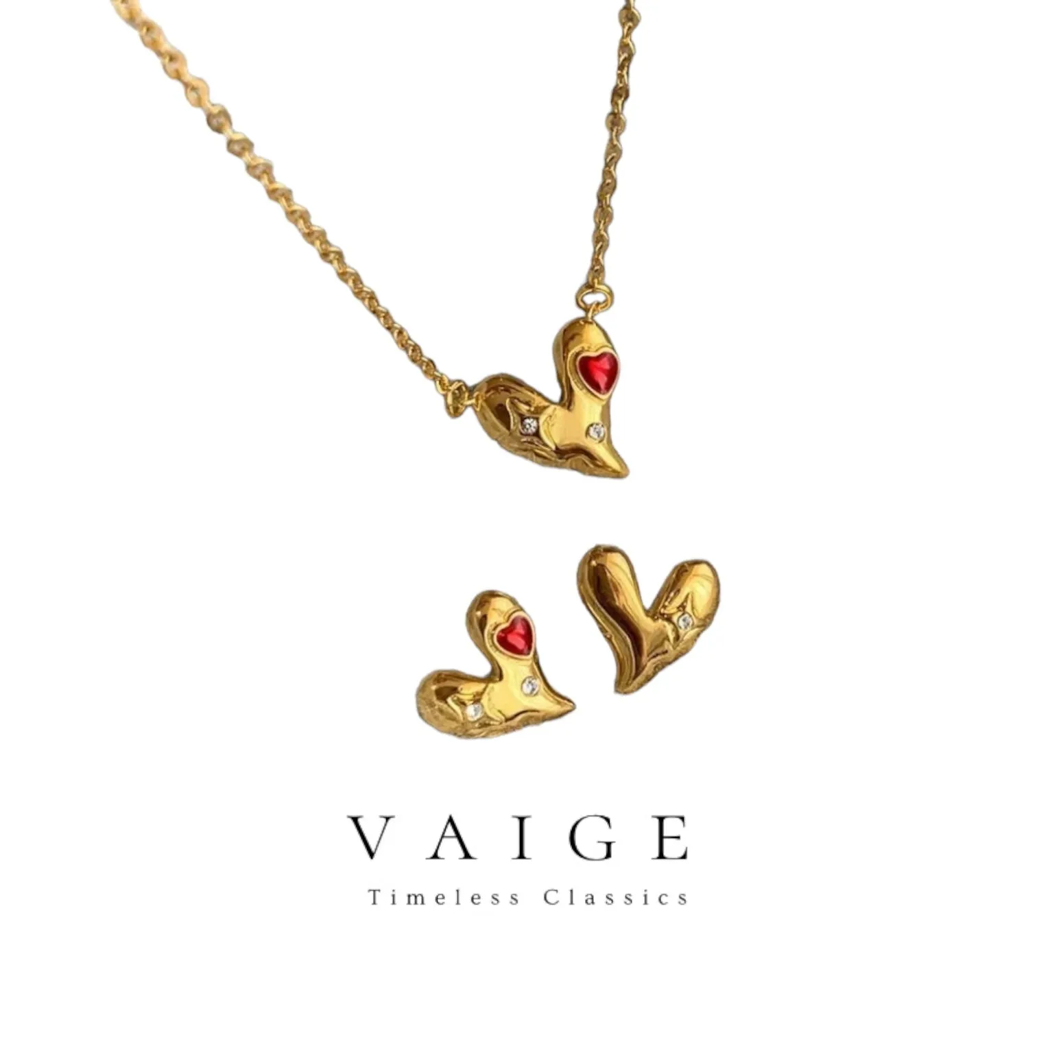 VAIGE Elegant Gold Heart Zircon Earring and Necklace Set