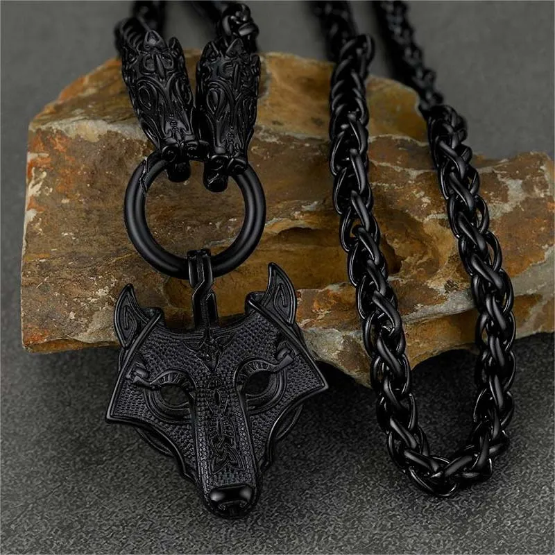 Viking Wolf Pendant Necklace With Wolf Rope Chain For Men