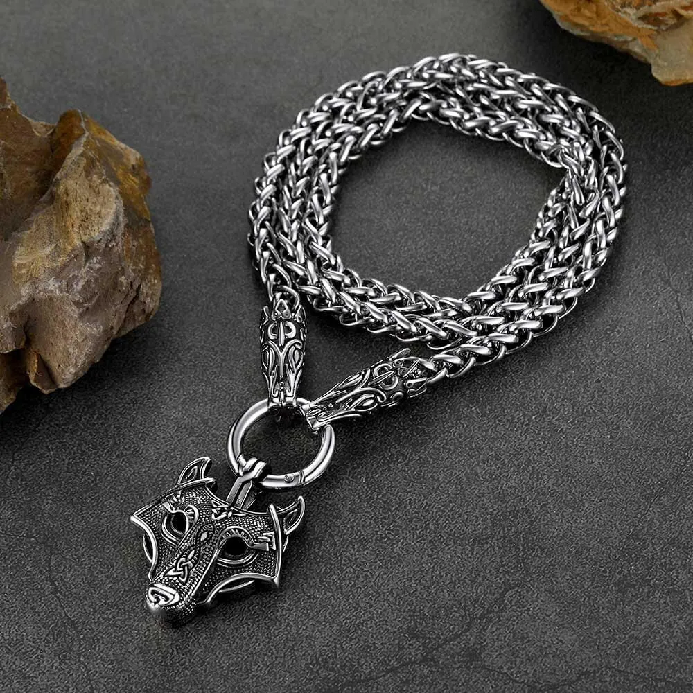 Viking Wolf Pendant Necklace With Wolf Rope Chain For Men