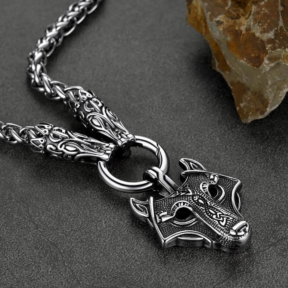 Viking Wolf Pendant Necklace With Wolf Rope Chain For Men