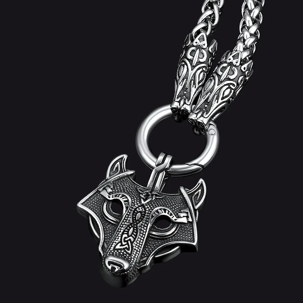 Viking Wolf Pendant Necklace With Wolf Rope Chain For Men