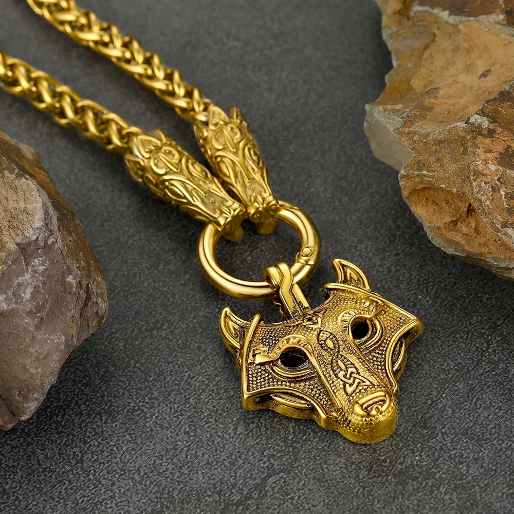 Viking Wolf Pendant Necklace With Wolf Rope Chain For Men