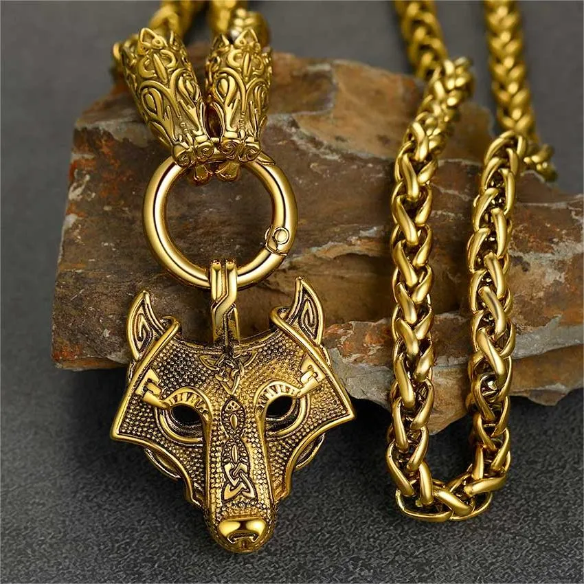 Viking Wolf Pendant Necklace With Wolf Rope Chain For Men