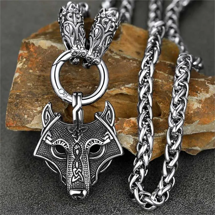 Viking Wolf Pendant Necklace With Wolf Rope Chain For Men